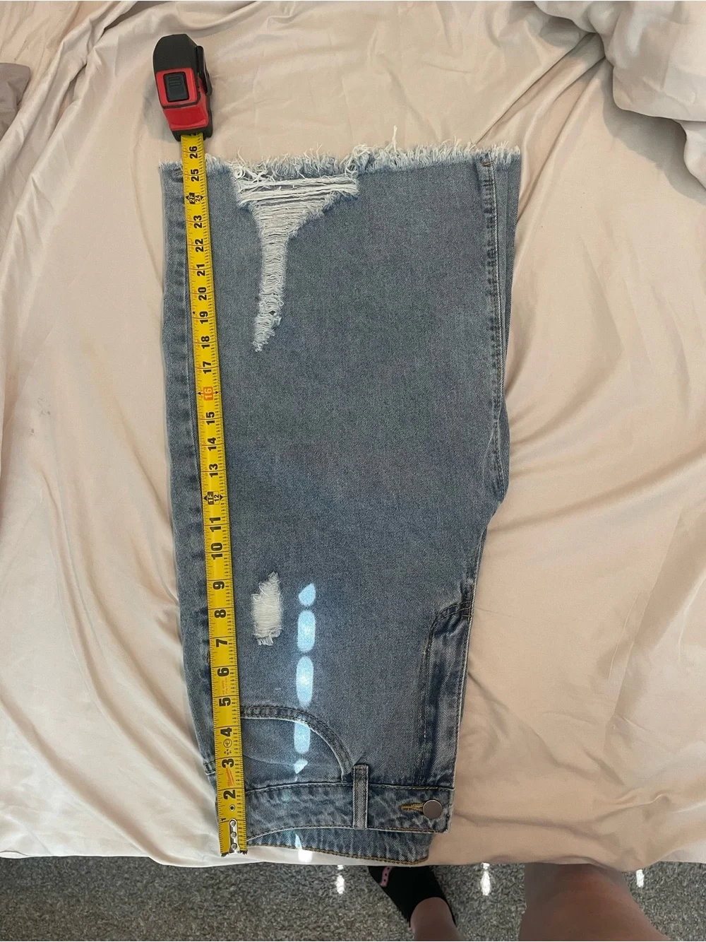 Distressed Light Blue Denim Long Shorts